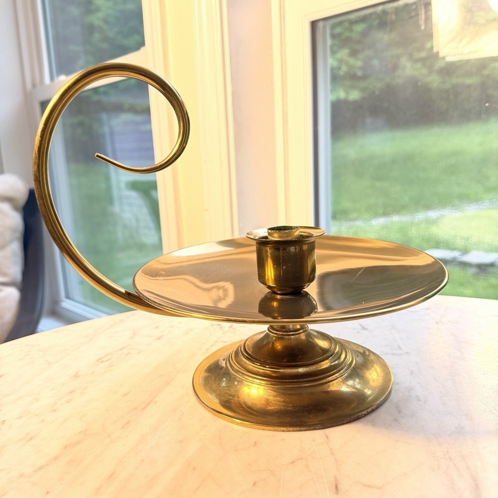 Vtg 80s Solid Brass Large Chamberstick Candle Holder Swirl Handle Maitland-Smith